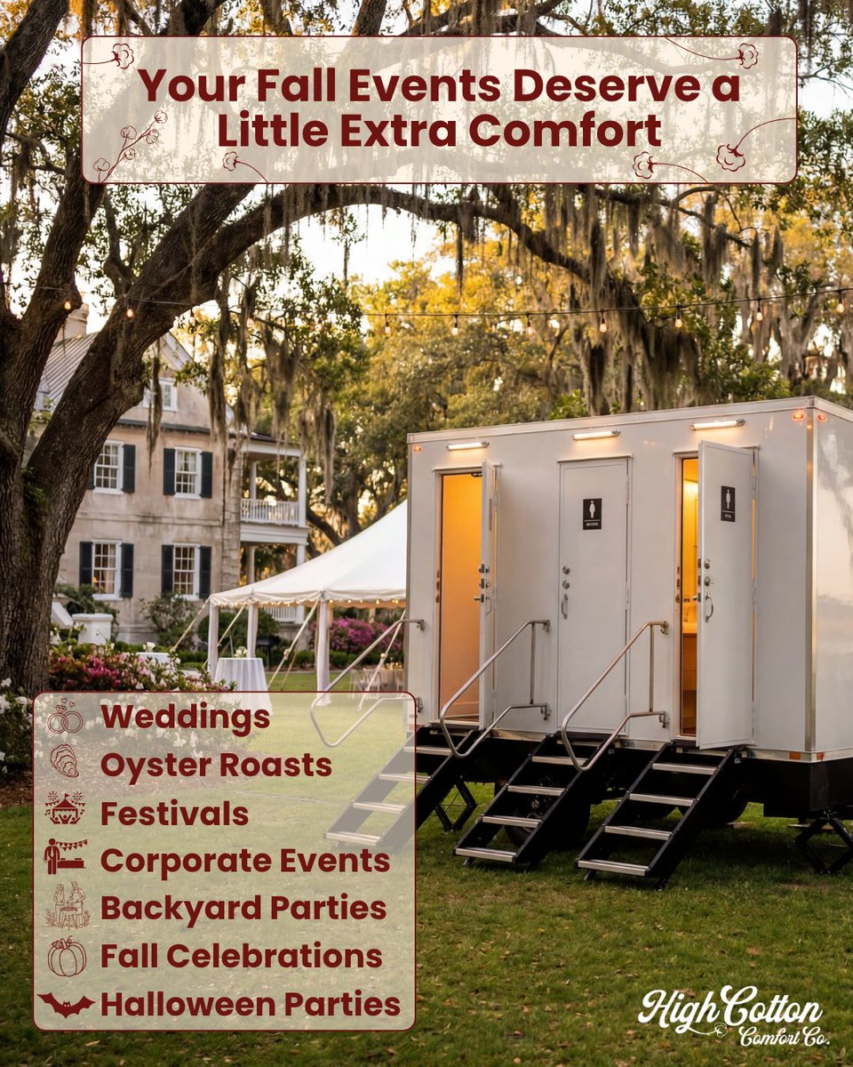 RentHighCotton's tweet photo. Fall events deserve a little extra comfort. 🍂​

Planning a fall event in the Lowcountry? Contact us for a free quote!
☎️ (843)-284-3971
🌐 https://t.co/RjAf0qVpyV
📍 Greater Charleston, SC Area

#HighCottonComfortCo #CharlestonEvents #LuxuryRestroomTrailer #FallEvents https://t.co/HsCWSC8h6K