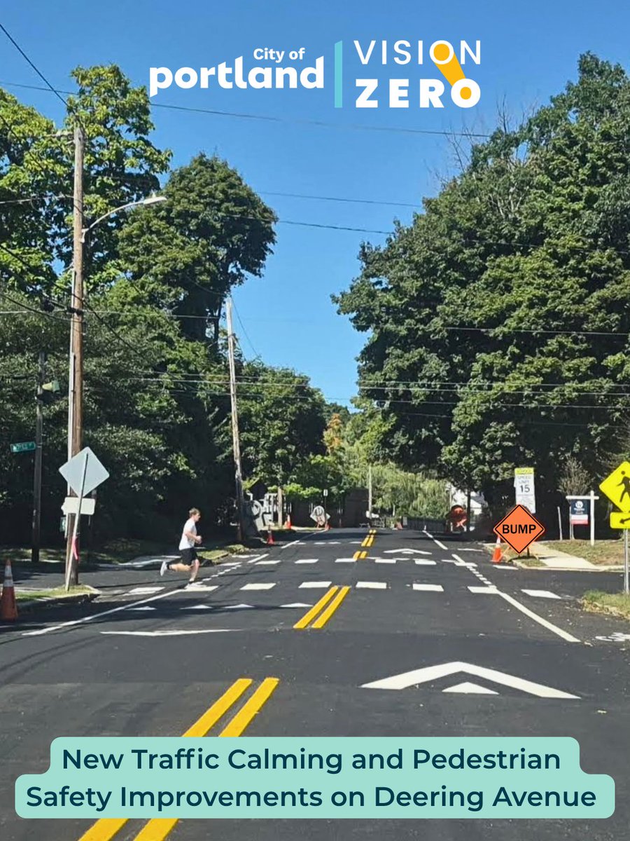 CityPortland's tweet photo. We recently completed major safety &amp; traffic-calming upgrades along Deering Ave in #PortlandMaine (in close partnership with @MaineDOT1) as part of our Vision Zero commitment to eliminate serious traffic injuries and fatalities. Full story: https://t.co/rzHqvtZKCO. https://t.co/uB6tcJ3w2u