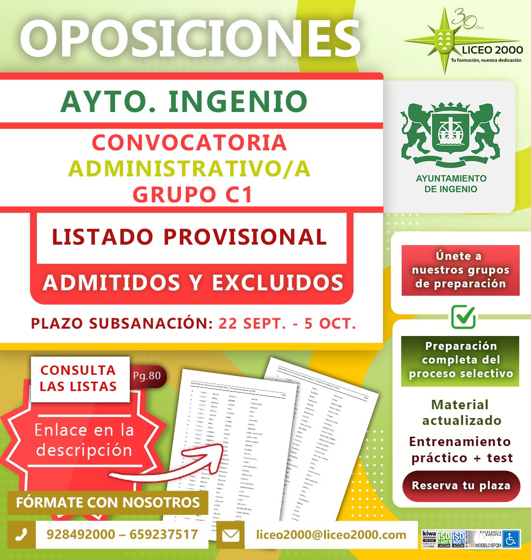 LICEO2000's tweet photo. [OPOSICIONES - AYUNTAMIENTO]

Más información:
🔗https://t.co/xelfJ5xPP9

𝗙𝗼́𝗿𝗺𝗮𝘁𝗲 𝗰𝗼𝗻 𝗻𝗼𝘀𝗼𝘁𝗿𝗼𝘀:
📞 928492000 – 659237517
✉ Liceo2000@liceo2000.com

#Liceo2000 #Oposiciones #AyuntamientoIngenio https://t.co/1PJ8pq8EFx