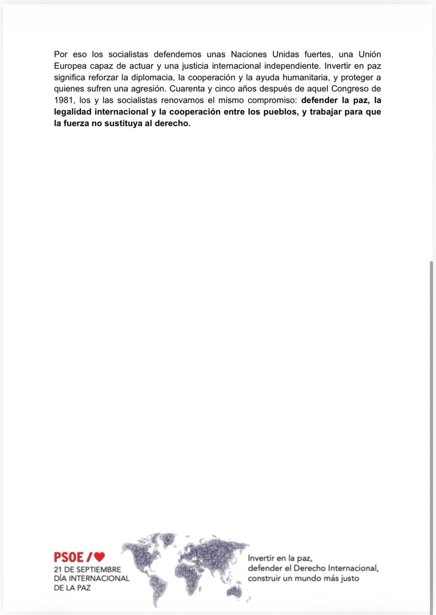PSOE's tweet photo. Los y las socialistas renovamos el compromiso de defender la paz, la legalidad internacional y la cooperación entre los pueblos, y trabajar para que la fuerza no sustituya al derecho.

📜 Lee nuestro manifiesto: https://t.co/s92qlkJH44 https://t.co/DROqpH6mH8