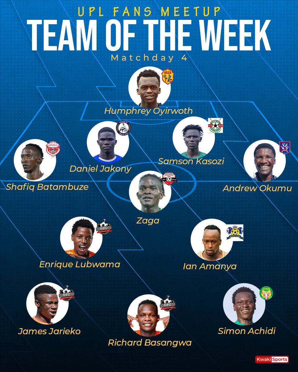 uplfansmeetup's tweet photo. Receive the MD4 team of the week as voted by the fans.

📌Enrique Lubwama was voted player of the week
📌Frank Zaga’s goal as goal of the week
📌Coach Badru Kaddu as the coach of the week

#UPLFansMeetup 
#SizoniPamoja https://t.co/fJa1R5yzer