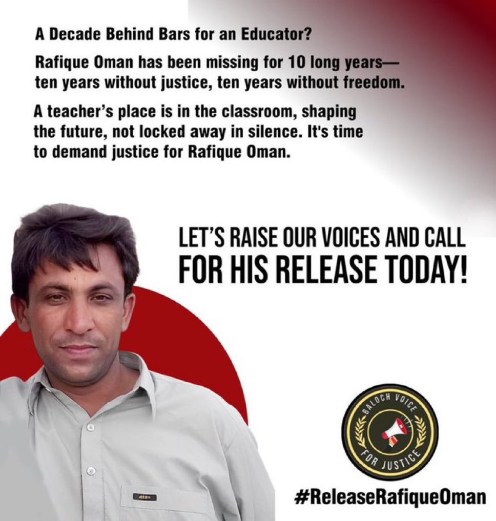 Sarawaan1's tweet photo. Impunity allows injustice to thrive. We demand the safe return of Rafique Oman after 12 years of silence. 

#ReleaseRafiqueOman
#ReleaseRafiqOman 

 @amnesty @UNHumanRights https://t.co/sHGZopBuM1