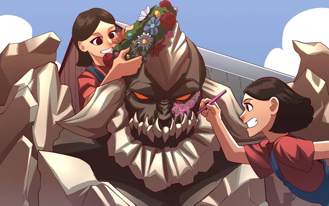 CDubDaOne's tweet photo. In my DCAu, Doomsday becomes a (somewhat) docile member of the Kent Family, only targeting his berserker instincts at those that would seek to do the family harm. Clark &amp; Lois' daughters, Carol &amp; Jane, love playing with their big grey protector ☺️. Art by @Imajination16 https://t.co/AQkIMBLriI
