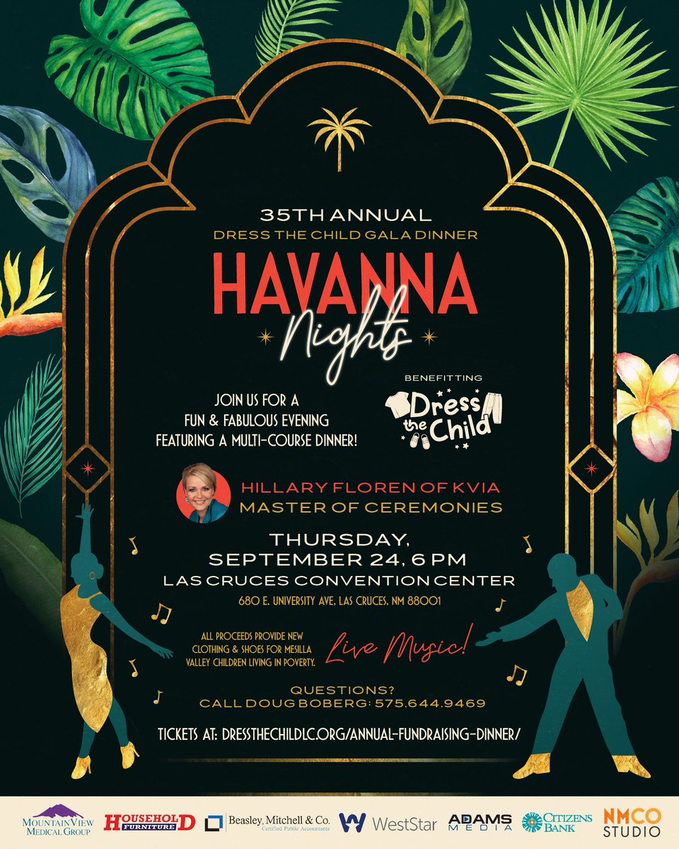 CitizensBankLC's tweet photo. Citizens Bank is proud to support the 35th Annual Dress the Child Gala Dinner! Join us this Thursday, September 24 for an evening of dining, live music, and a charity auction, all in support of providing new clothing for children in need throughout the Mesilla Valley. 💛

Learn more and get your tickets through their website!
🔗 https://t.co/ih6M9STc77