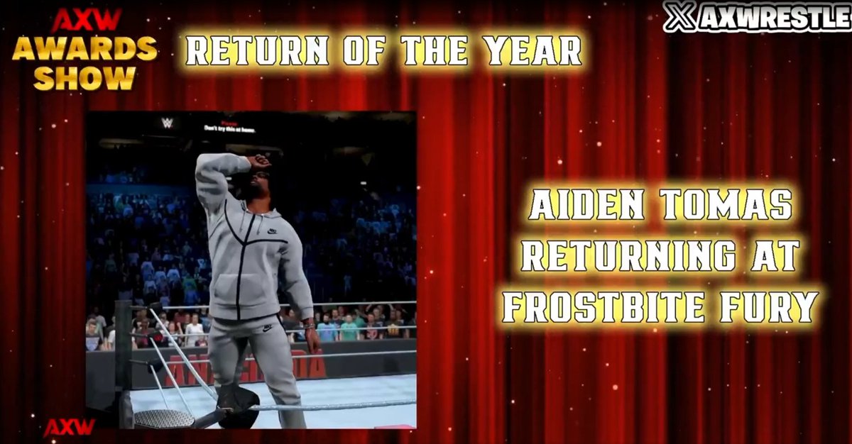 AXWrestle's tweet photo. @AidenTomasAXW wins Return of The Year!
Congratulations to Aiden!
#AXWAwardsShow https://t.co/SPy1WjVMnZ