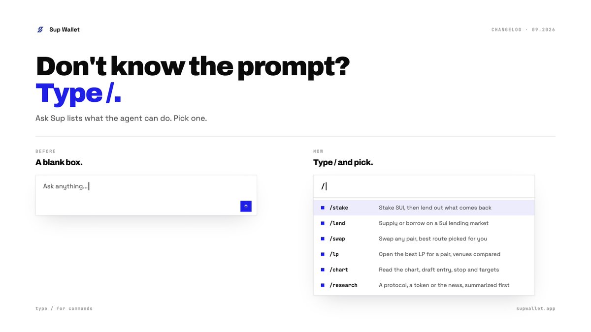 Sup_Wallet's tweet photo. before: a blank box, and you had to know the right prompt.

now: type / 😎 https://t.co/SFA3DRWj8Q