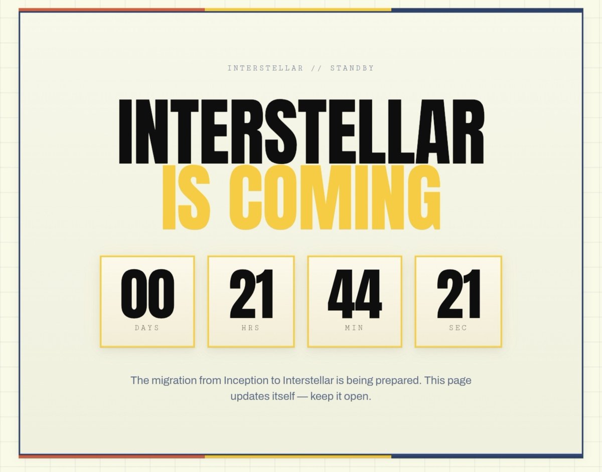 _stark6's tweet photo. Been keeping an eye on this 👀
Interstellar is coming. The migration from Inception to Interstellar is getting closer, and the countdown is already running.
Curious to see what’s waiting on the other side 🚀
@dac_chain #DAC #Interstellar https://t.co/QO5ZHNEIjd