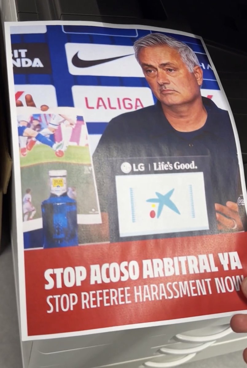 TouchlineX's tweet photo. 🚨 🖨️ 𝗡𝗘𝗪: Atlético Madrid used a PRINTER to respond to José Mourinho’s comments about the referees after yesterday’s Madrid derby.

Atlético’s message: "Stop referee harassment now." https://t.co/pkMVEmNi7m
