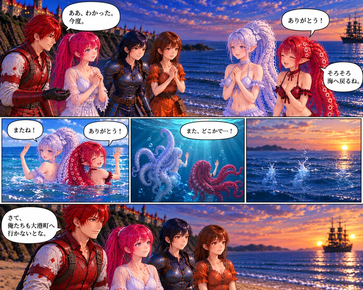 borowshu's tweet photo. シュヴィツ達とタコ種族の少女達は会話を終え
再会を近い、タコ種族の姉妹 ブランカとロッサは
海へと帰る
＃AIart #JustMyStory https://t.co/L4u029b5un