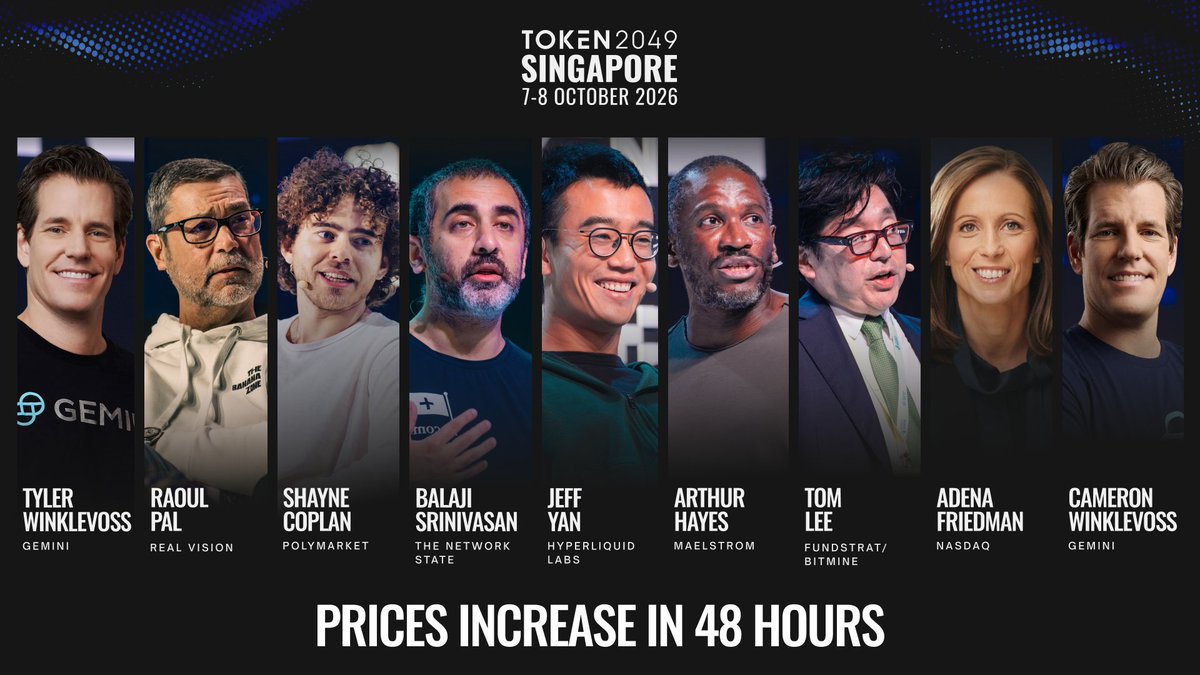 token2049's tweet photo. TOKEN2049 Singapore is just two weeks away.

The biggest names in crypto take the stage at Marina Bay Sands.

Less than 48 hours to lock in US$599, before the final price increase on 23 September.