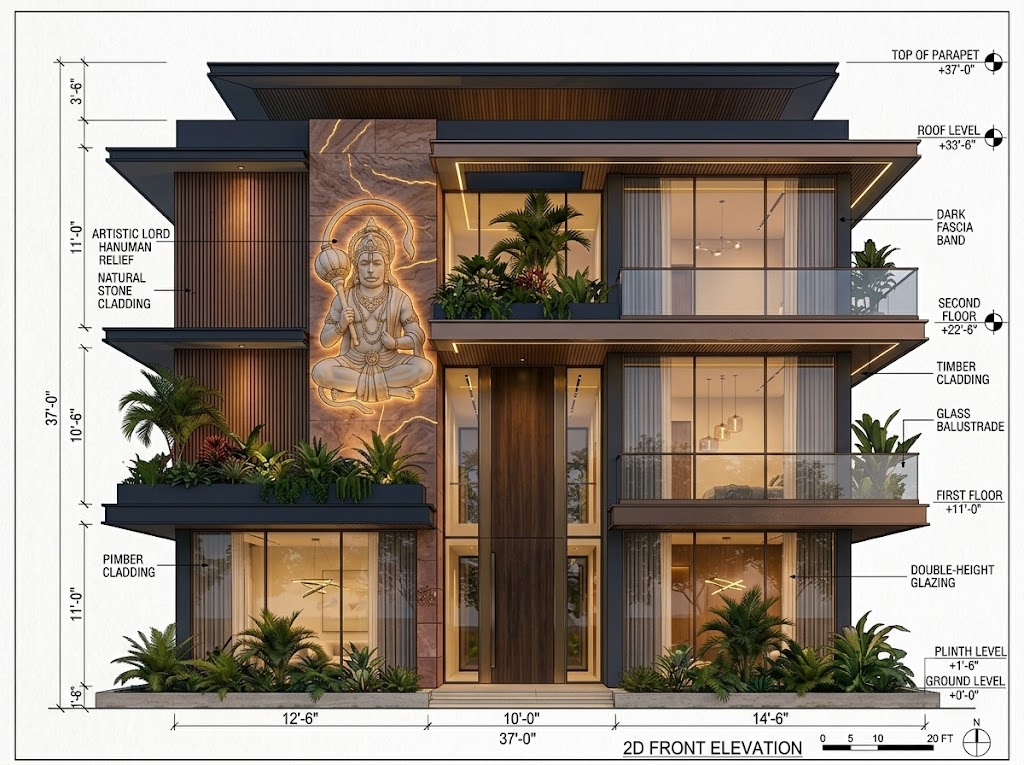 amaninteriors53's tweet photo. A striking modern masterpiece, where warm twilight illumination highlights dramatic architectural lines, lush vertical greenery, and a magnificent backlit sandstone relief of Lord Hanuman—blending divine reverence with contemporary luxury. https://t.co/QsJaQprchc