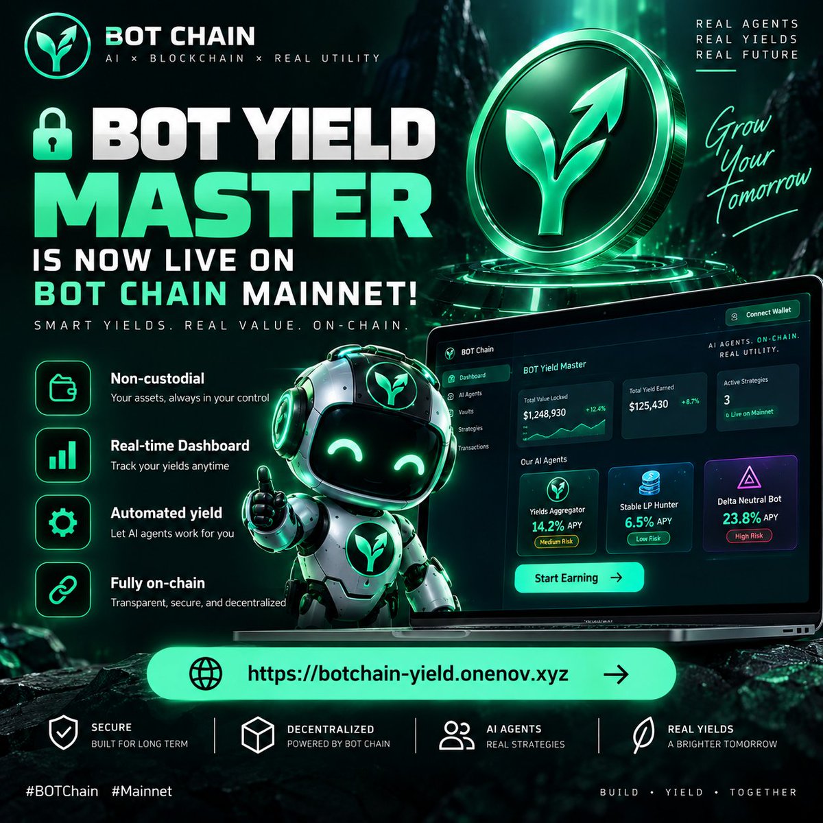 BotYieldMaster's tweet photo. 🔒 BOT Yield Master is now LIVE on @BOTChain_ai Mainnet!

✅ Non-custodial
✅ Real-time Dashboard
✅ Automated yield
✅ Fully on-chain

Start earning today 👇
https://t.co/ig7lSdyd7M

#BOTChain #Mainnet

Thanks for support @sajanjames1987 https://t.co/XwAlnZPq1d