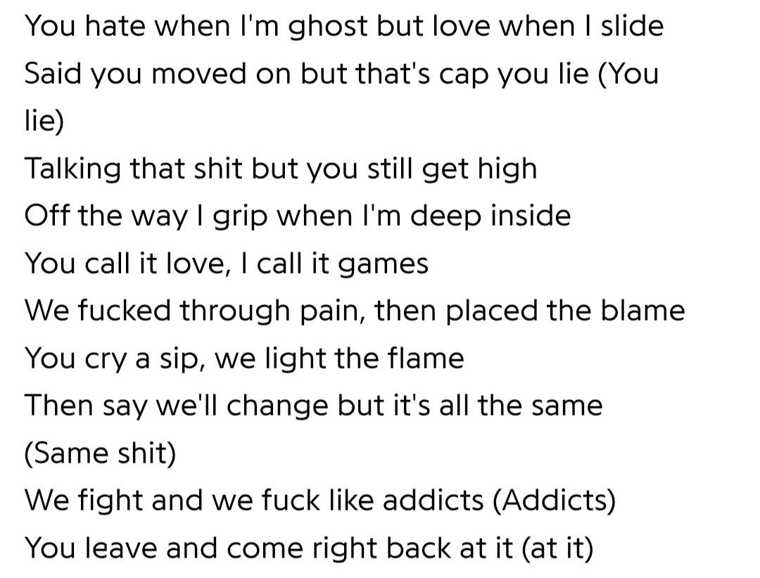 nidlovesabcd's tweet photo. Okay, addressing the elephant in the room, the lyrics are making their situation straight out of fanfiction
“We fight and we fuck like addicts” ????????????? https://t.co/aDkyGyslYr