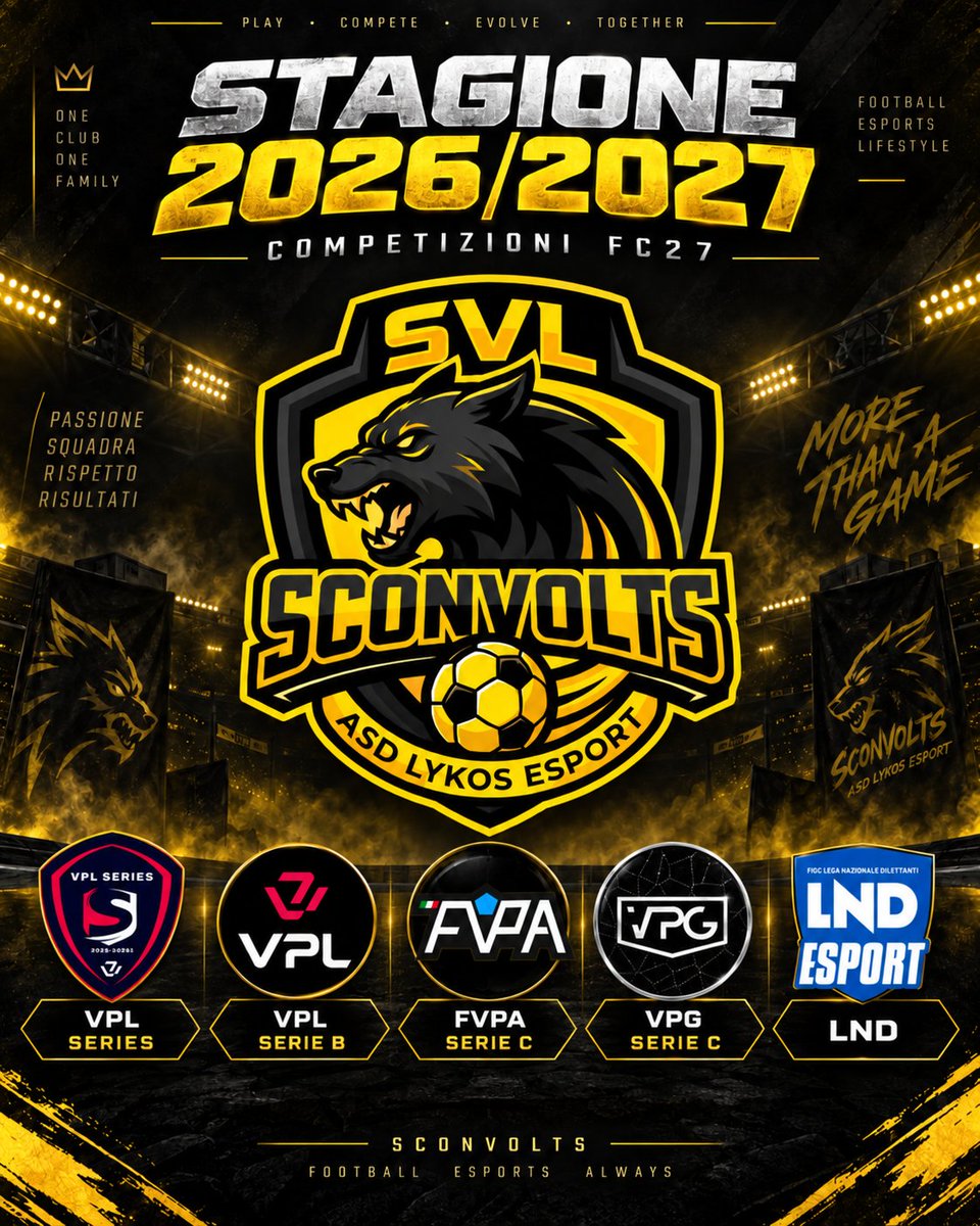 SVLSconvolts's tweet photo. 🐺 SVL SCONVOLTS | 2026/27

Si riparte. Nuova stagione, nuove sfide su FC27.

🏆 VPL Series 
🏆 VPL Serie B 
🏆 FVPA Serie C 
🏆 VPG Serie C 
🏆 LND 

5 competizioni, un’unica ambizione. 💛🖤
#SVLSconvolts #FC27 #ProClub #Esports https://t.co/vJiCzZRSFz