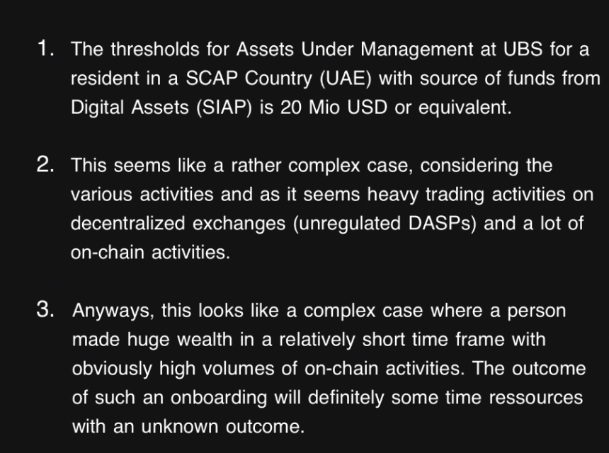 Cbb0fe's tweet photo. been in the process of opening an account at UBS

$20m min deposit for plumbers living in the uae

smh they hate hyperliquid/onchain activity when literally every single tx is publicly verifiable

fuck them, gonna stick to crypto neobanks https://t.co/v18J6VSWAW