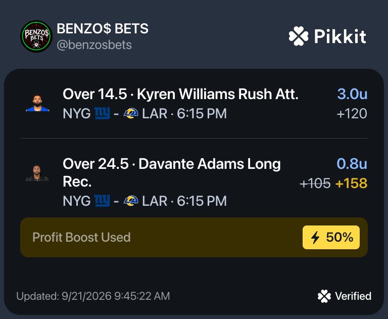 BENZOSBETS's tweet photo. 🏈 MNF PLAYS

🔨 3u Kyren O14.5 Carries +120
Rams favored + strong run-game script. Need 15.

0.8u Davante Adams O24.5 Longest Rec. +158
Puka Q + banged-up NYG secondary = chunk-play upside.

🕷️ Tail below &amp; let’s cash! https://t.co/16WcSDZALO