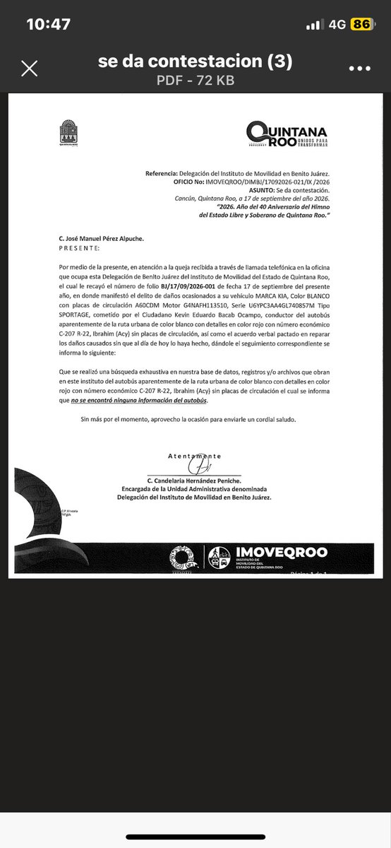 Juanmperez1980's tweet photo. Como ven el @imoveqroo ante una queja interpuesta en contra del operador  de un autobús de transporte de personal que dañó mi vehículo se limita a contestar solo esto y se niegan a mandar inspectores a pesar de que se trata de una unidad sin placas y cuyo chofer no tiene licencia https://t.co/YJahTh4BPO