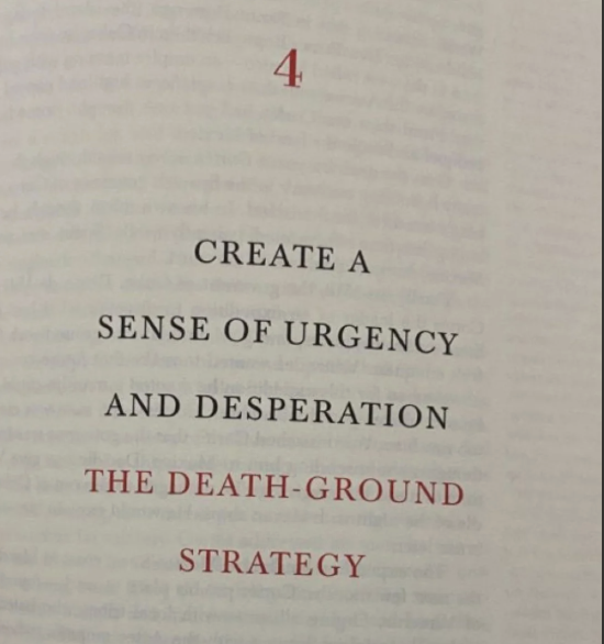 48LawsofPowerr's tweet photo. Also from the 33 Strategies: 

“Create a Sense of Urgency and Desperation: The Death-Ground Strategy.”

The main story is Hernán Cortés.

In 1519, Cortés led roughly 500 men into Mexico to conquer the Aztec Empire. His men still had the option of retreating to Cuba. To eliminate that escape route, Cortés had his ships destroyed/run aground.

His soldiers suddenly had only one real option: advance or perish.