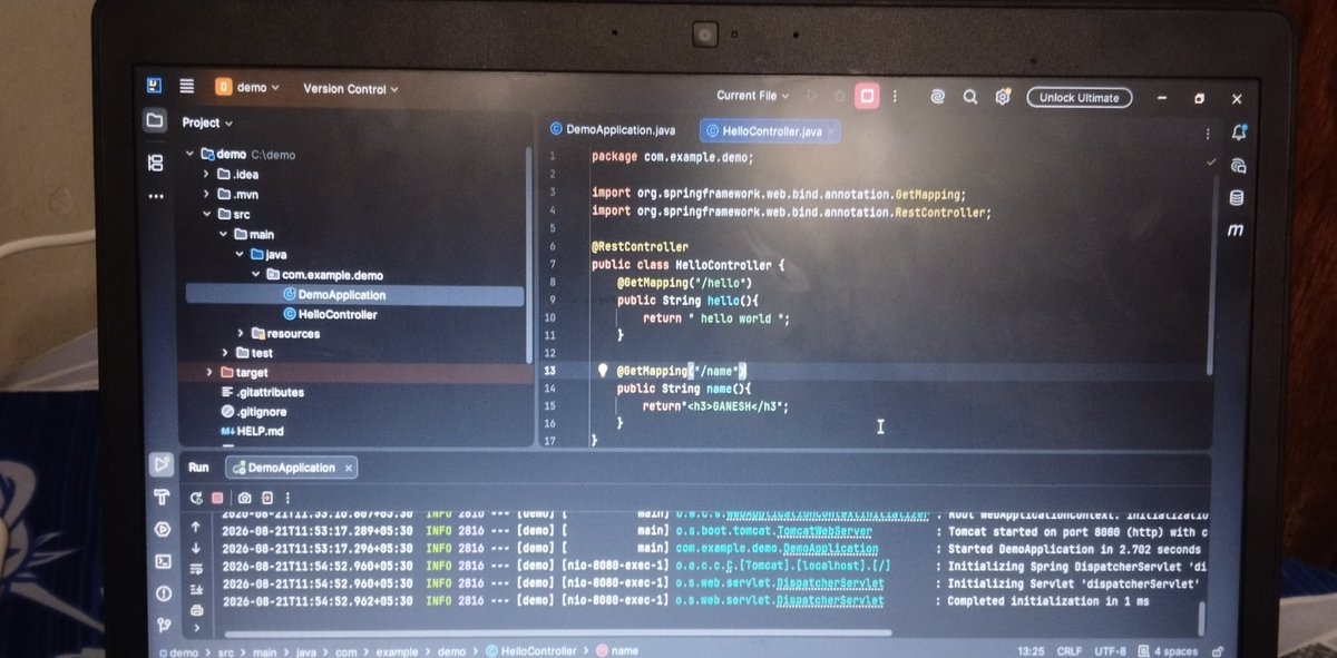 LikithR96167239's tweet photo. 🚀 Day 14 — #100DaysOfJava

Today I continued my journey with **Spring Boot + Core Java**.

🌱 Spring Boot:
🔹 IP Address &amp; Port Number
🔹 Spring Initializr overview
🔹 Created my first Spring Boot project
🔹 Built a simple “Hello World” application https://t.co/ktdmqobubF