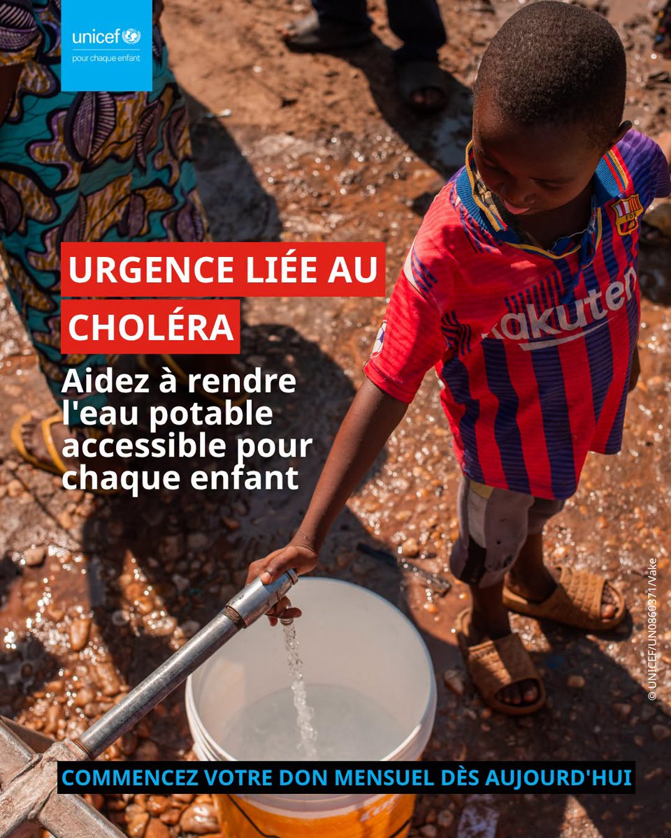 UNICEFcongoBZV's tweet photo. Les enfants devraient apprendre, jouer et grandir, pas combattre une maladie évitable. Aidez l'UNICEF à répondre au choléra dès aujourd'hui. 
👉 Faites un don mensuel
https://t.co/5tct58WtTq
#PourChaqueEnfant #EauPotable https://t.co/gtDi6Jrqyg
