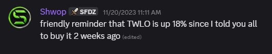 Shwop2's tweet photo. Told the boys to buy $TWLO at $75 and again at $135. Think of where they could be now. https://t.co/Z8zgAHvDE5