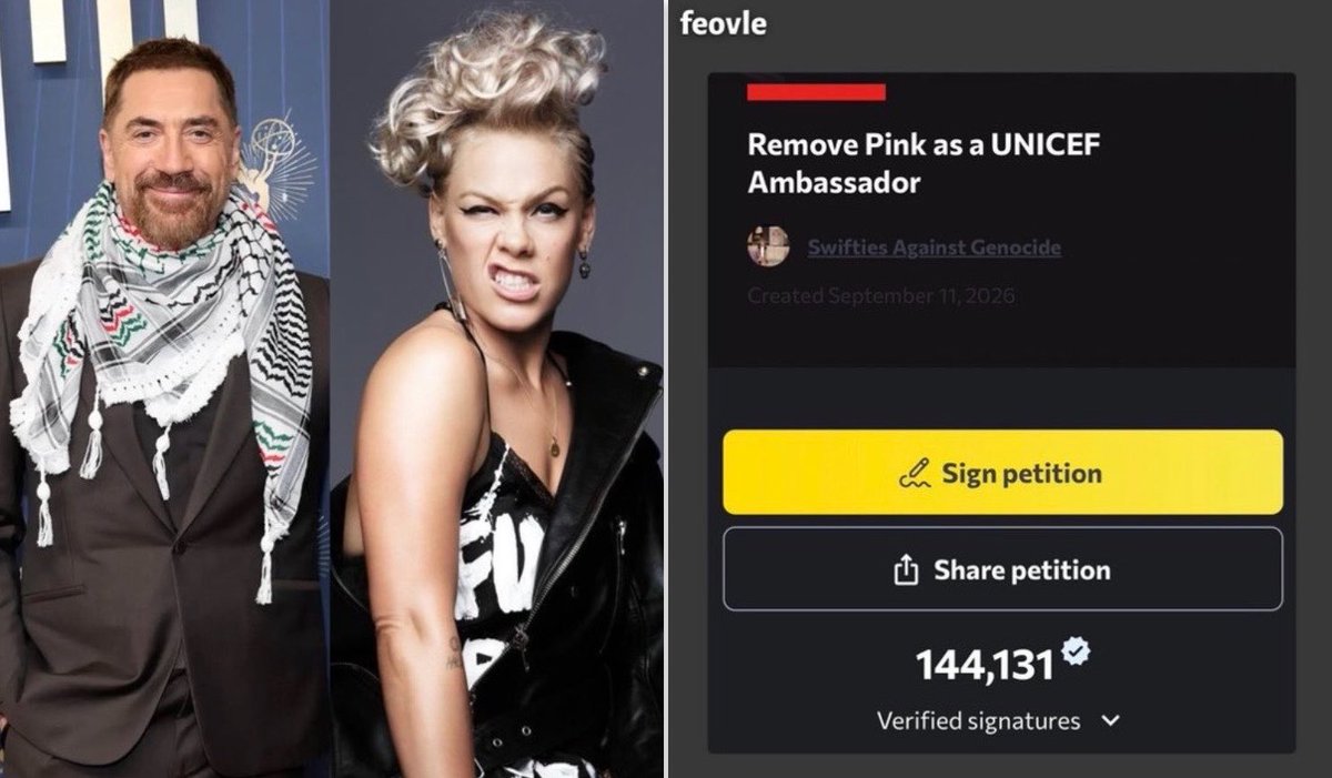 swilkinsonbc's tweet photo. Spanish actor Javier Bardem publicly backs online petition calling for Pink to be stripped of her role as a UNICEF Goodwill Ambassador https://t.co/drlJ1Al4ms