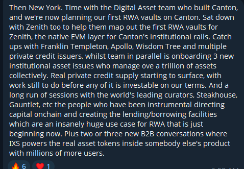kevSandersonz's tweet photo. Anyone else see the alpha in the base:0xfe550bffb51eb645ea3b324d772a19ac449e92c5 AMA?

@IxsFinance and @CantonNetwork building vaults.  Institutional rails + IXS.  Yes please.

IXS in NYC catching up with Templeton, Apollo, Wisdom Tree, private credit issuers.  These are big asset owners

base:0xfe550bffb51eb645ea3b324d772a19ac449e92c5 is ~$10M FDV with all this🧐