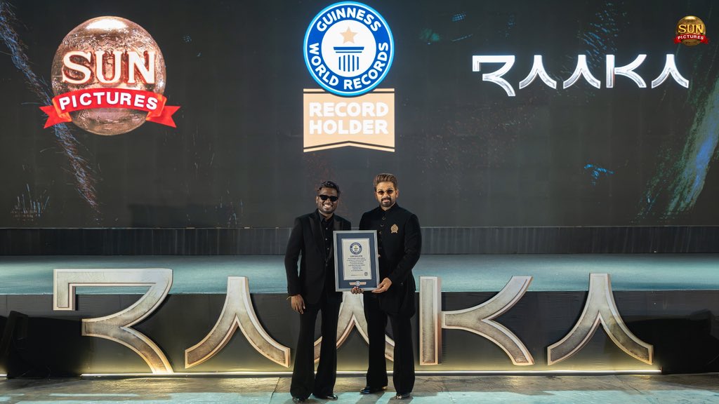 alluarjun's tweet photo. FEELING TRULY HUMBLED BY THIS MOMENT. 
#RAAKA ACHIEVING A GUINNESS WORLD RECORD IS SOMETHING VERY SPECIAL. 
SO EXCITED FOR WHAT’S AHEAD!
ATLEE GARU, THIS ONE IS SPECIAL. 🖤

#RaakaGuinnessWorldRecord @Atlee_dir @sunpictures @GWR https://t.co/RJdr7cjcRV