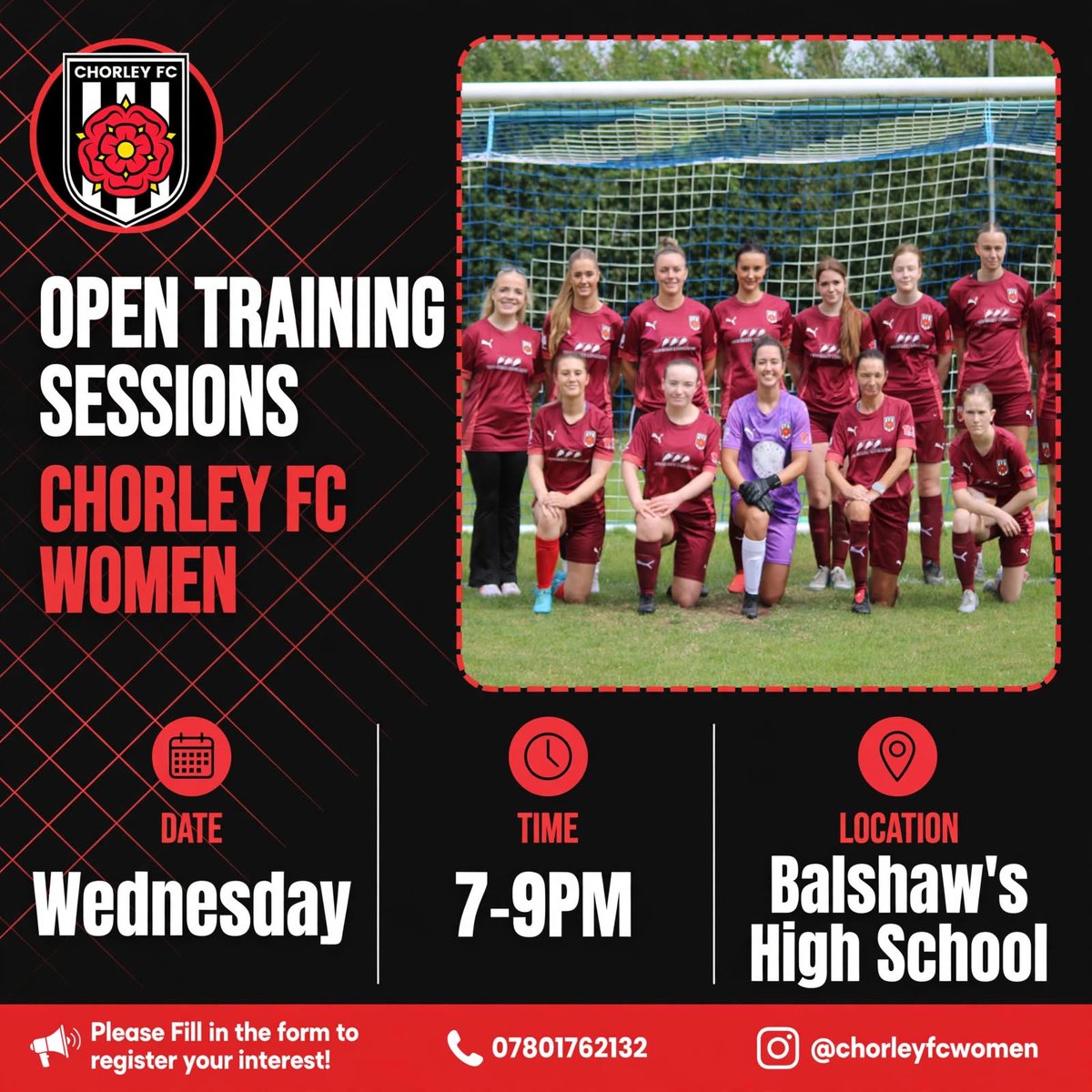 ChorleyFcWomen's tweet photo. ⚽️Female Player Recruitment ⚽️

Are you 16+ and looking for the opportunity to gain valuable senior-level football experience?

🚘 Local to the Chorley Area Or Beyond ? 
⚽️ Hungry to develop and improve?
🎯 Clear Targets For The Future 
🔥 Want to be part of an ambitious women’s football team ? 

Chorley Fc  Women’s team are looking for additional players to join our enthusiastic and ambitious squad for the 26/27 season.

With the club looking to progress up  the women’s football pyramid, there’s plenty to be excited about at Chorley Fc Women. 

🏟️ Excellent Training and Matchday facilities 
👥 Competitive Squad 
🧠 Four coaches available across training and matchdays
📈 Strong focus on individual player development
⚽️ Ambition for continued team  and player progression

We currently have:

🔴 Womens Team  – Competing In The Lancashire County Women’s League Championship Division 

📅 Training: Wednesday 7-9pm 
⚽️ Matches: Sunday 2pm Kick Off 

Think this could be the club for you? 🫵🏻
Don’t be a bench warmer this season.

Come along, give us a try and see what we’re all about at our open training sessions .

Comment below or send us a message, alternatively fill in our form below ⬇️ and we will get in touch 

https://t.co/Mu8h8oSLNR