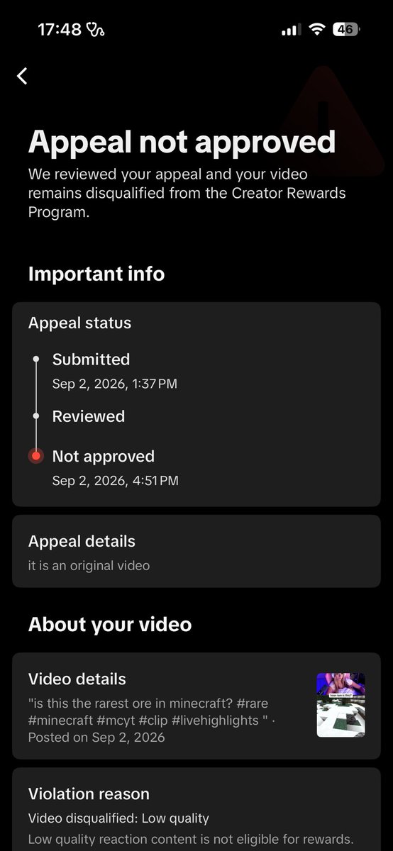 yklaurx_'s tweet photo. @TikTokSupport fix your mistakes, pay your creators. 
I've had countless of my Original content removed for ''low Quality'' and after explaining and providing proof of my originality, you still disqualify me from creator program. This always happens when a video over a Minute is starting to do well and I am now assuming It is because you simply do not want to pay your creators.
