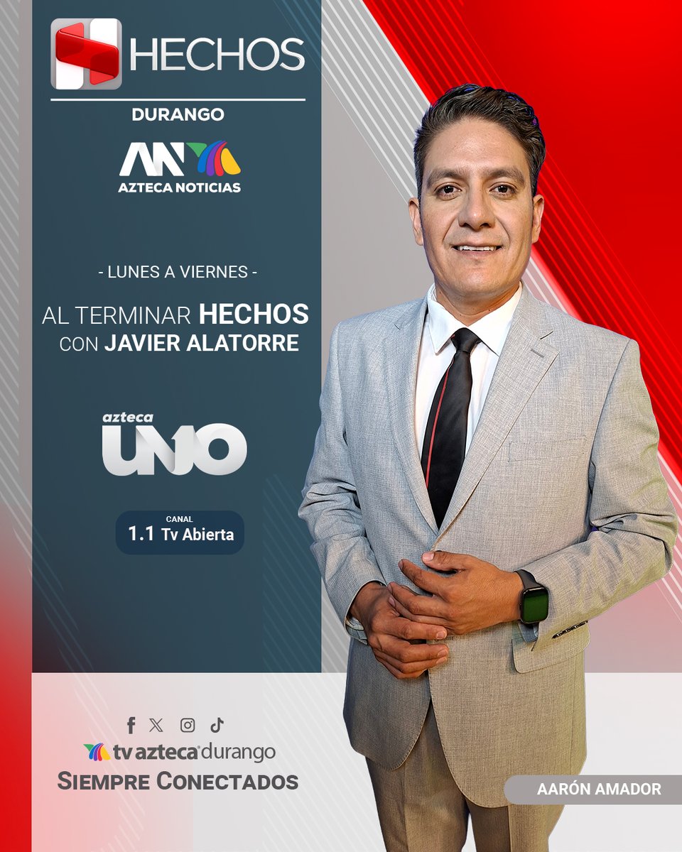 Azteca_Durango's tweet photo. 📺 Para cerrar la jornada, acompáñanos en #HechosDurango con el resumen de las noticias más importantes del día.
📰 Toda la información de Durango, con Aarón Amador, por el 1.1 de TV abierta.
#TVAztecaDurango #NoticiasEnDurango #AztecaDigital #Noticias #Durango https://t.co/rWPt8Rrl2I
