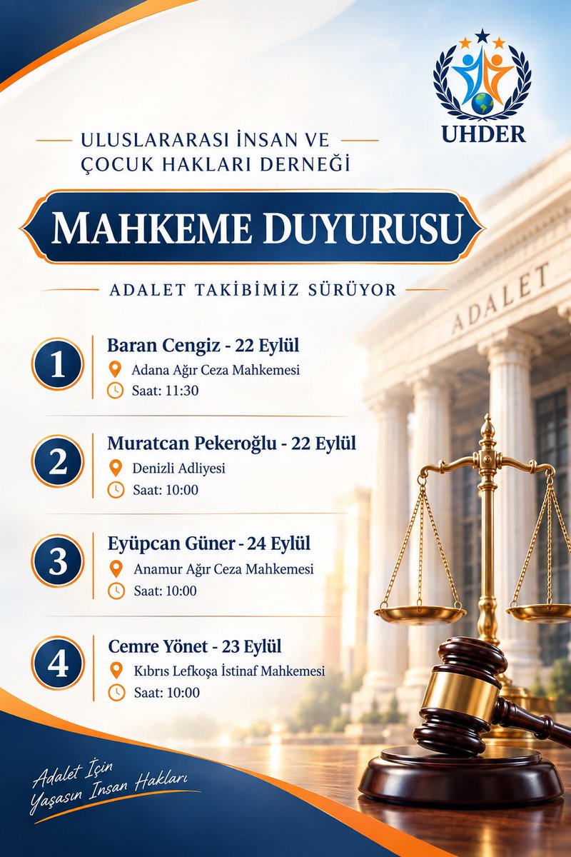 uainsancocuk's tweet photo. 📢 Mahkemeler başlıyor, adalet nöbetimiz devam ediyor.
Baran Cengiz, Muratcan Pekeroğlu, Eyüp Can Güner ve Cemre Yönet'in duruşmalarını yakından takip ediyoruz. Hukukun evrensel ilkeleri doğrultusunda adil ve hakkaniyetli kararların verilmesini bekliyoruz.
⚖️ Adalet herkes içindir.
#AdaletTakibimizSürüyor #HukukunÜstünlüğü #AdilYargılanma #UHDER