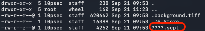 L0Psec's tweet photo. When attaching DMG, there is a scpt file of interest with JXA. We can decompile this and see the code. https://t.co/ofIS2yoZzg