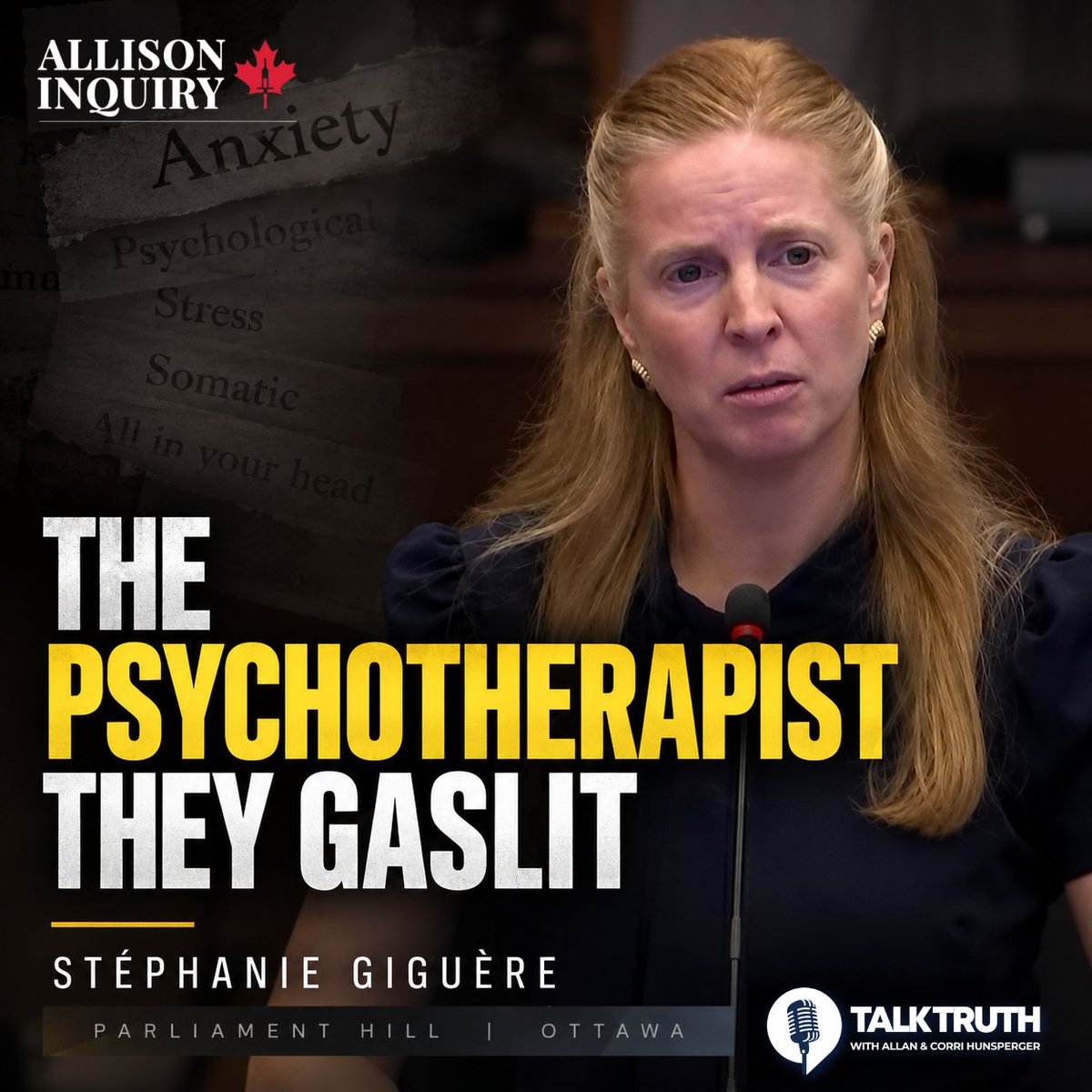GoTalkTruth's tweet photo. Stéphanie Giguère was a psychotherapist, healthy and fully functional before receiving her first and only Moderna shot.

About 90 minutes later, she says her hands went numb. Then came 23 days of intense pressure and “pain in my brain,” a resting heart rate as high as 160, slurred speech, lost words, weakness, falls and loss of bladder control. She became so uncoordinated she struggled to feed herself.

She was sleeping up to 20 hours a night. Her husband had to dress her. She still tried to go to work.

But instead of answers, Stéphanie says she was diagnosed with adjustment disorder with mixed anxiety and depressed mood.

A psychotherapist watching her body stop functioning — only to be told the problem was psychological.

“Guess what, Mr. Buckley? It was all in my head.” @AllisonInquiry