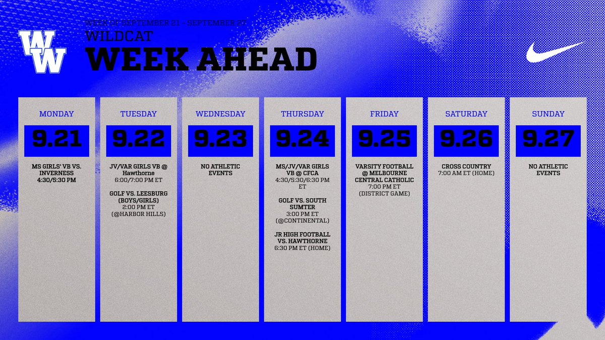 WMHSWildcats's tweet photo. 📣 Attention Wildcats! This week is filled with opportunities to shine on and off the field. Mark your calendars and rally your support! 🏆💪 #WildwoodMiddleHigh #Wildcats https://t.co/2jjZwEEB4F