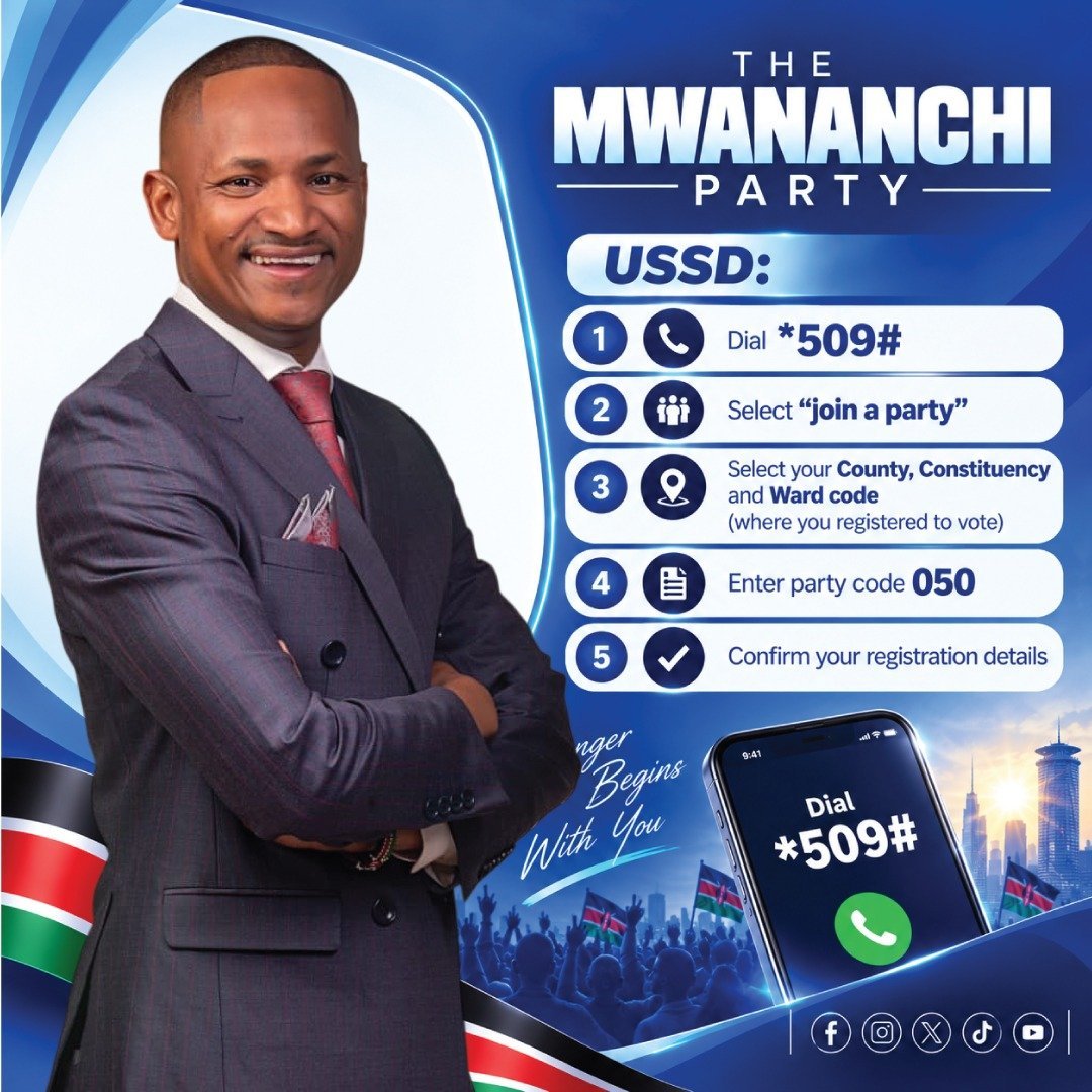 abra56898's tweet photo. 🇰🇪 THE MWANANCHI PARTY MEMBERSHIP IS OPEN!
Ready to participate? 📲 Dial *509#, follow the prompts and register.
Your choice. Your voice. Your participation. 🇰🇪
#MwananchiParty
#BabukwaSababu https://t.co/aIAzw1Ammg