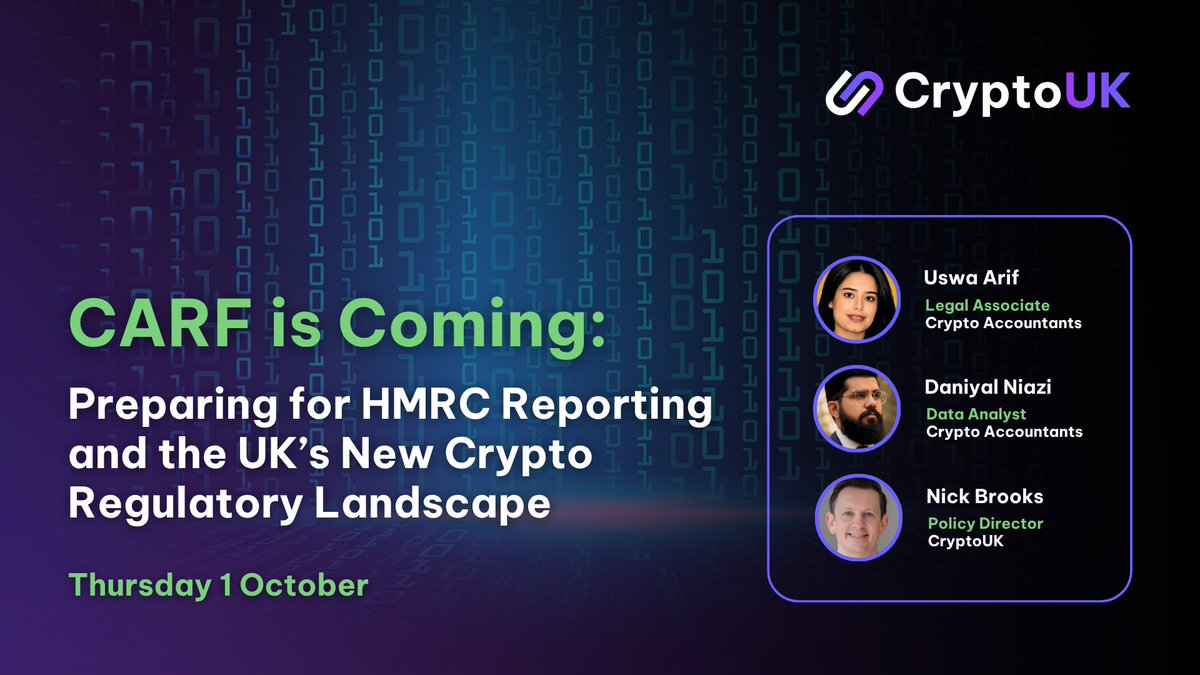 CryptoUKAssoc's tweet photo. We’re hosting two webinars this October focused on two key areas of UK crypto regulation: #CARF and #MARC.
Across the two sessions, we’ll be joined by experts from across legal, compliance, policy and industry to explore what firms need to know and how they can prepare.
1️⃣ CARF Is Coming: Preparing for HMRC Reporting and the UK’s New Crypto Regulatory Landscape (1 October): https://t.co/tpotJuFiHi
CARF will change what many crypto firms need to collect, verify and report to HMRC. In this webinar, we will examine which businesses are likely to fall within scope, what customer and transaction data firms may need to collect, and how exchanges, platforms and service providers can prepare their systems, processes and compliance frameworks. We will also consider how CARF interacts with existing UK tax reporting requirements and the forthcoming FCA cryptoasset regime, and what firms should be doing now to prepare for the combined impact of tax reporting and financial regulation.
2️⃣ UK MARC: From Market Abuse Rules to Effective Surveillance (15 October): https://t.co/EfLics0IPD
Market abuse rules affect how crypto firms monitor trading, handle inside information, and manage employee dealing. In this webinar, we will examine how market abuse can arise in crypto markets, the obligations applying to Crypto-Asset Trading Platforms (CATPs) and intermediaries, and the additional requirements that may apply to larger trading platforms. We will also compare these requirements with MiCA Title VI and consider practical controls for insider dealing and employee personal trading. Join us for a practical discussion on what firms need to understand and prepare for.
Whichever session you join us for, we look forward to seeing you there!