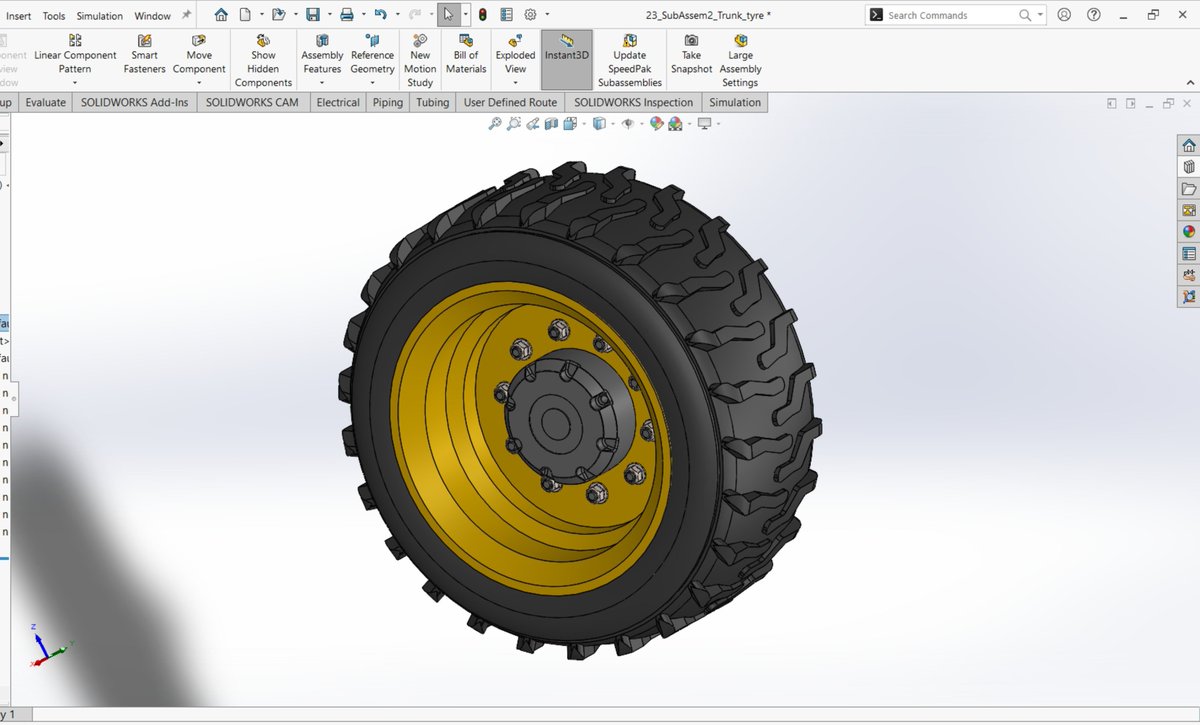 jreal102's tweet photo. Day 29/30 - SolidWorks Challenge ⚙️🔥

Today, I designed a tyre and rim in SolidWorks. I also assembled the tyre and rim with an axle, as well as worked on the front-light assembly.

Another day of learning, improving, and sharpening my 3D modelling skills. 

One more day to go! https://t.co/IIqr7KabA5