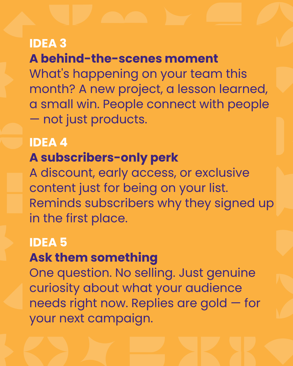 BenchmarkEmail's tweet photo. "I don't know what to send this month." 🫠

Every email marketer hits this wall.  Here's how to climb over it.

Swipe for 5 ideas you can use when inspiration 
has fully left the building 👉

The best email is the one that actually gets sent. 💌 https://t.co/ZFjOWyq7Tp