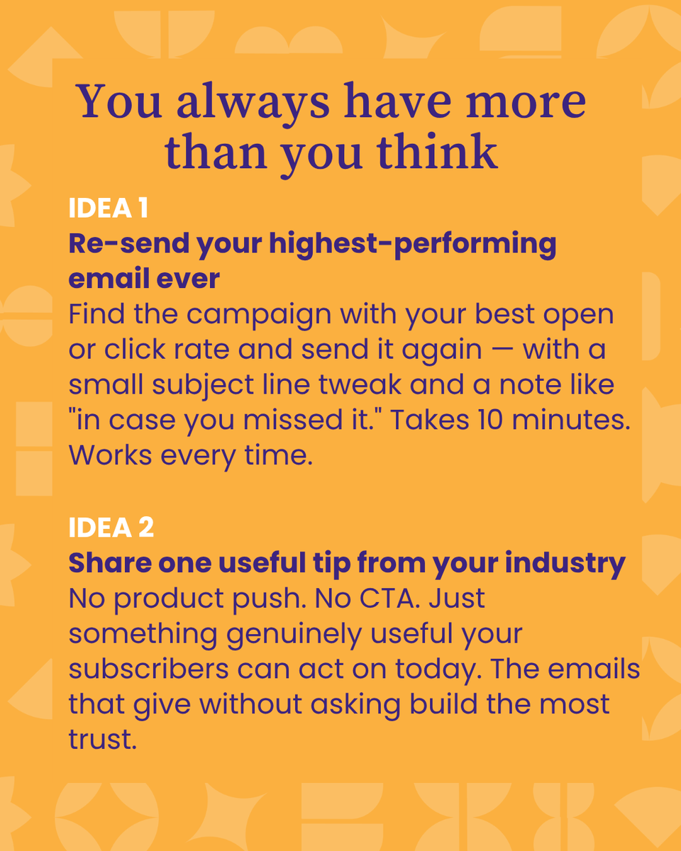 BenchmarkEmail's tweet photo. "I don't know what to send this month." 🫠

Every email marketer hits this wall.  Here's how to climb over it.

Swipe for 5 ideas you can use when inspiration 
has fully left the building 👉

The best email is the one that actually gets sent. 💌 https://t.co/ZFjOWyq7Tp