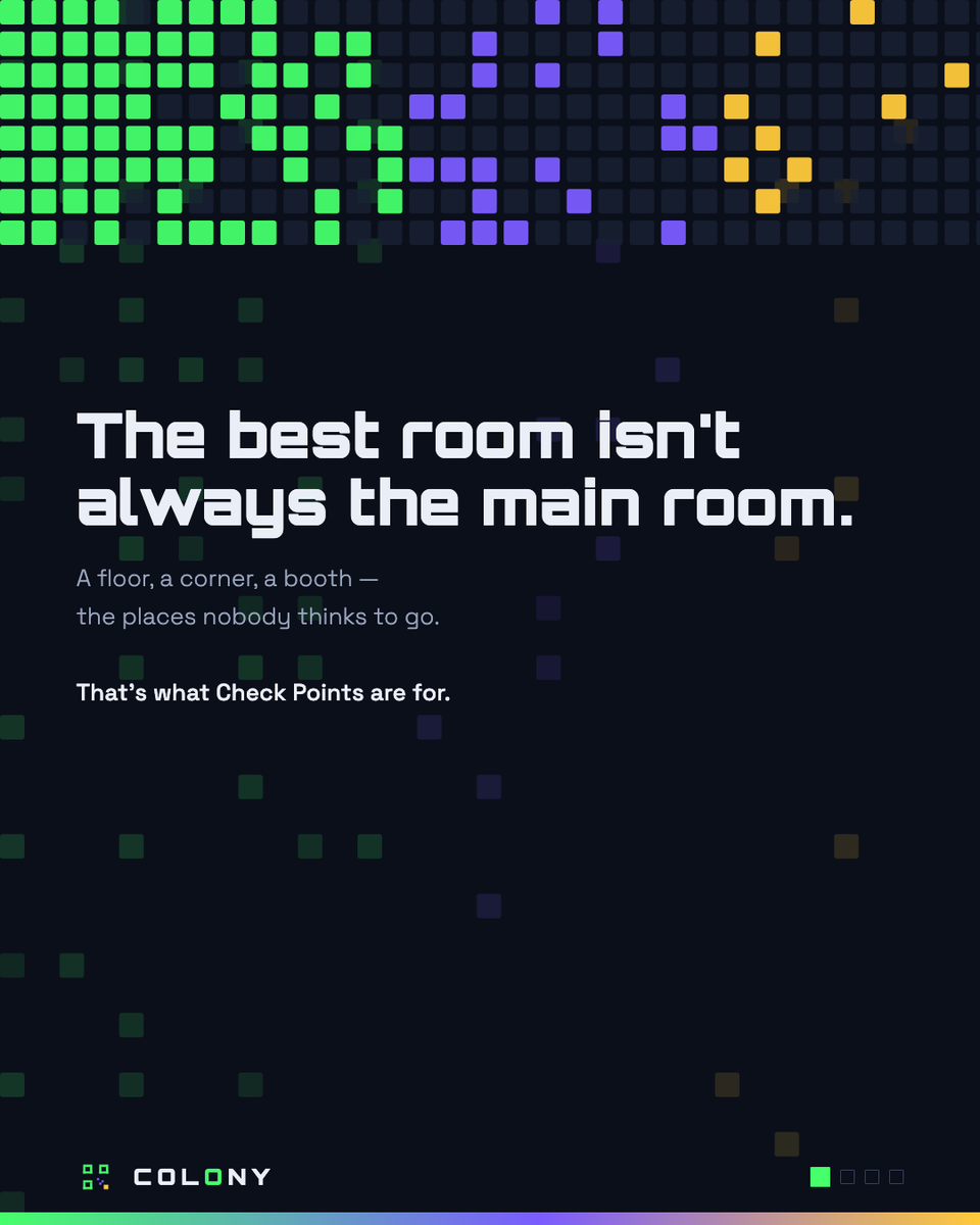 colonyofficial_'s tweet photo. The best room isn't always the main room.

A floor, a corner, a booth — the places nobody thinks to go. That's what Check Points are for.

They're #QR codes placed around the venue. Scan one and it scores.
And it comes with #GPS verification: not a link you can tap from anywhere.
You have to be standing there.

For organisers, that makes a Check Point a reason to go. Put one upstairs,
in the quiet hall, at the sponsor booth.

Claim the room. → https://t.co/AmYtBwIPtQ

#COLONY