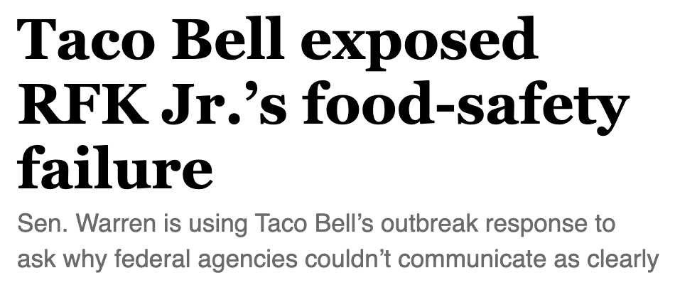 ewarren's tweet photo. As the Cyclospora outbreak unfolded, the American people received more prompt and clear guidance from Taco Bell than from the FDA and the CDC.

That's a problem. I've still got questions for Secretary Kennedy on how the government handled this. https://t.co/yJbt9yTMEC