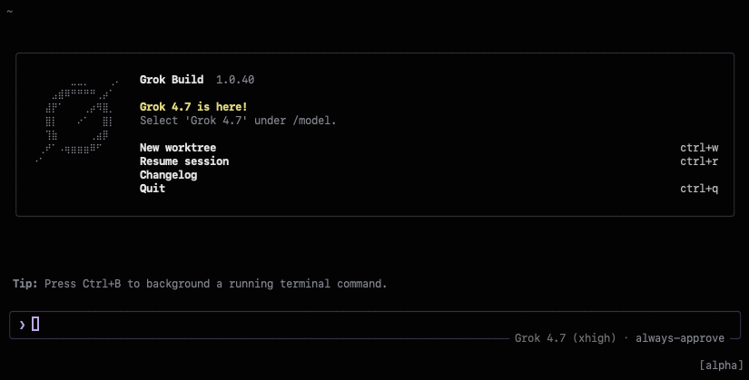 blankspeaker's tweet photo. Grok 4.7 is here!    Grok Build now has Grok 4.7 as an option https://t.co/grkxx2uCmx