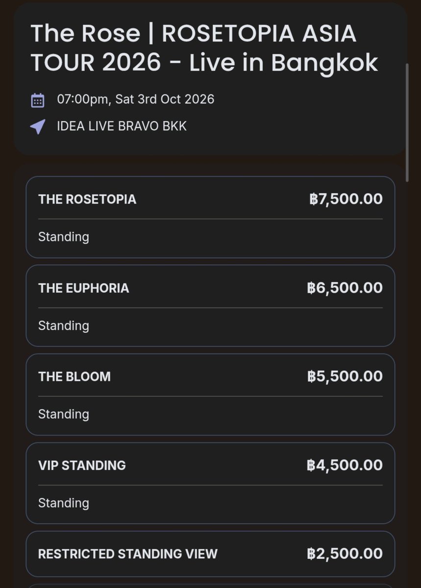 ThaiBlackRose's tweet photo. 📢 ROSETOPIA IN BKK มีการเปลี่ยนแปลงผังและราคานิดหน่อย โดยมีเพิ่มโซนยืนในราคา 2,500 (สีฟ้า = Restricted Standing)เข้ามา เผื่อใครสนใจไปกดกันได้น้า ส่วนบัตรยืนราคาอื่นๆที่พ่วงเบเนฟิตปังๆก็ยังมีเหลือเช่นกันค่า ❤️🌹

🔗https://t.co/YTAddLNZ0c

#TheRose #ROSETOPIA_in_Bangkok
#เดอะโรส https://t.co/1qv44W2PxH