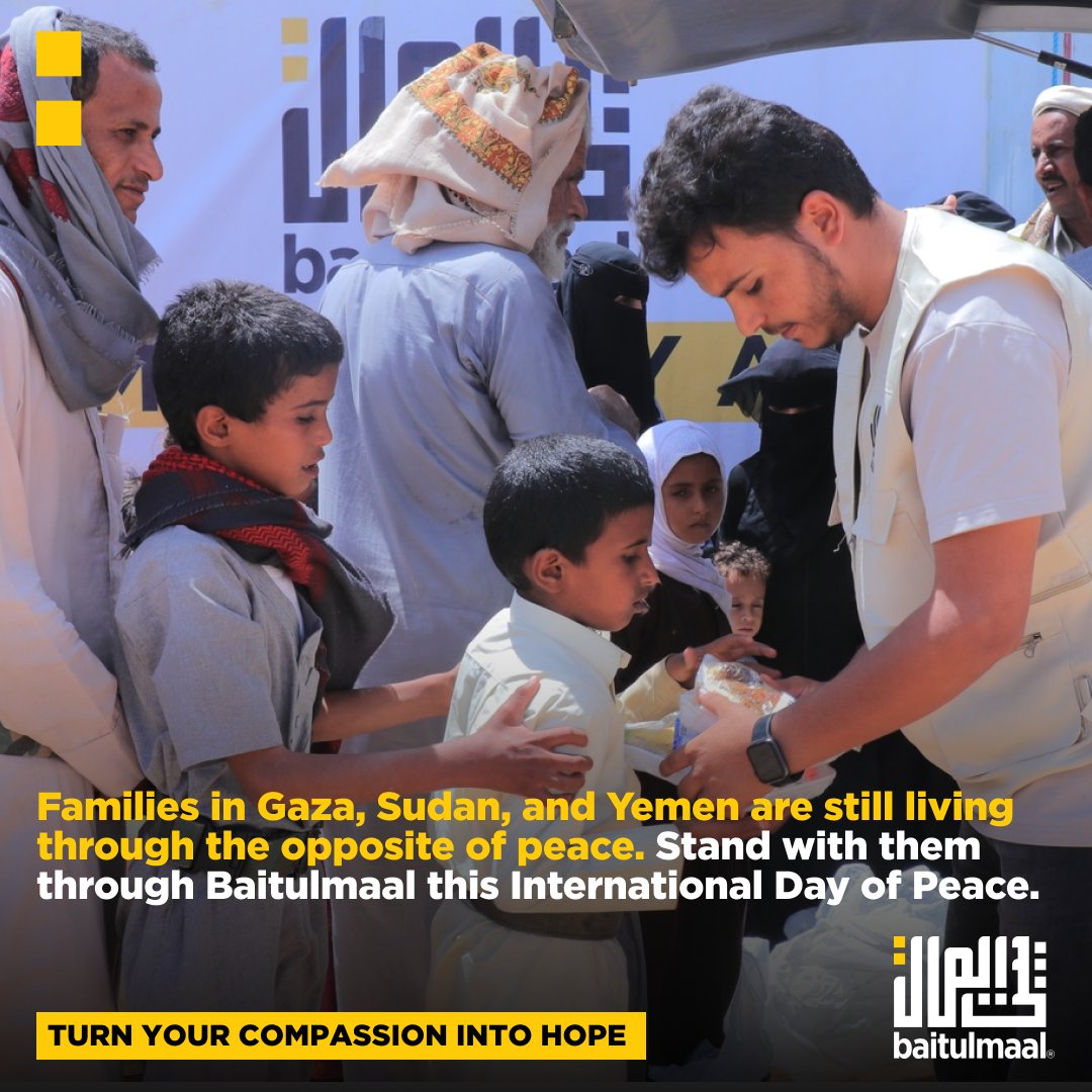 baitulmaal's tweet photo. This International Day of Peace, families in Gaza, Sudan, Syria, and Yemen are still living through the opposite.

Stand with them, and help meet their most basic needs - food, water, shelter, and safety - through Baitulmaal.

https://t.co/UcZtHE4LNj 
.
.
.
.
.
. 
#Baitulmaal #Compassion #Hope #Aid #Sunnah #Islam #Sadaqah #Charity #Orphans #Children #Food #Education #Healthcare