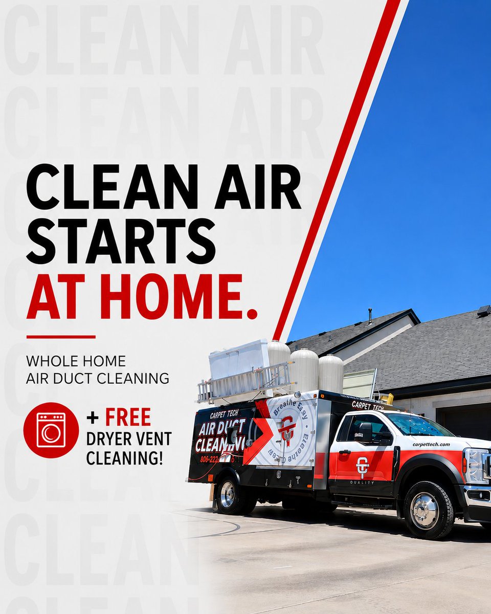 CallCarpetTech's tweet photo. Book a whole home air duct cleaning and we'll include a FREE dryer vent cleaning on us. Cleaner air, better airflow, and one less thing to worry about.

📅 Available September through October. Schedule your service today! https://t.co/Q9n4GXdIWB