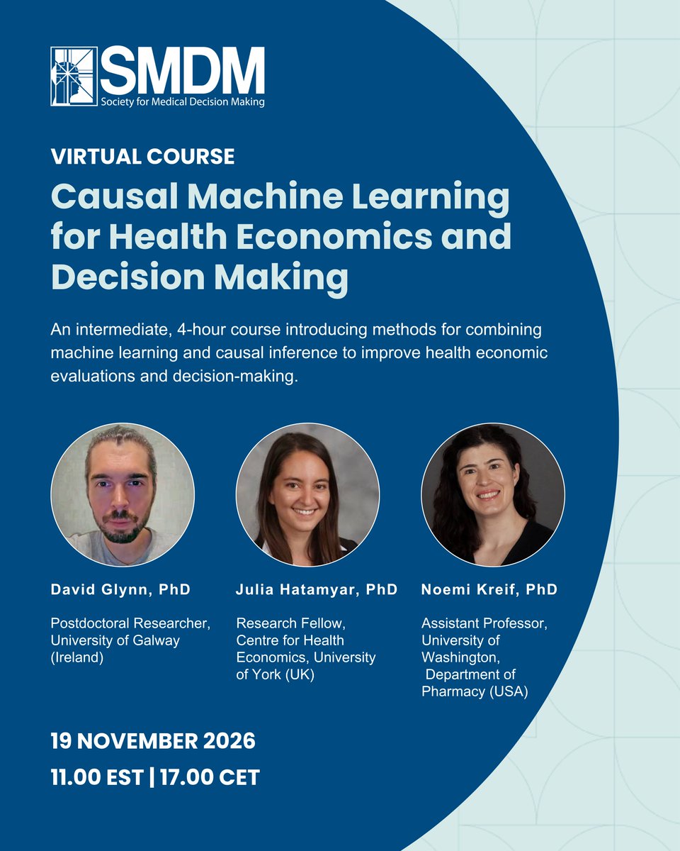 socmdm's tweet photo. Join us for our next course and learn how machine learning (ML) can be used for prediction, estimating treatment effects, and designing stratified treatment policies. Don't miss it! #HealthEconomics #MachineLearning #SMDM Register: https://t.co/ES9vanoVUm https://t.co/O5D62ncAvb