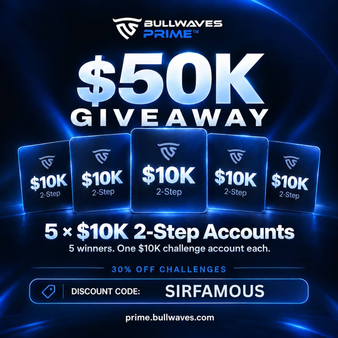 SirFamousFx's tweet photo. 🎉 $50,000 GIVEAWAY! 🎉

We’re Giving 5 Lucky Winners a $10K 2-Step Challenge Account Each  💰🔥

HOW TO ENTER:

✅ Follow @SirFamousFx
✅ Follow @BullwavesPrime
✅ Follow @natewolfiey
✅ Follow @Championfx_gh

Like & Retweet, tag 3 Friends And Join My Telegram Community;
https://t.co/Pm64chOIUA

🔥 30% OFF Challenges
🏷️ Discount Code: SIRFAMOUS 
Sing up: https://t.co/24Clo3jecm

Also Follow 
@Trader_Izzu

Winners Within 3 Days 
Good luck! 🚀🔥