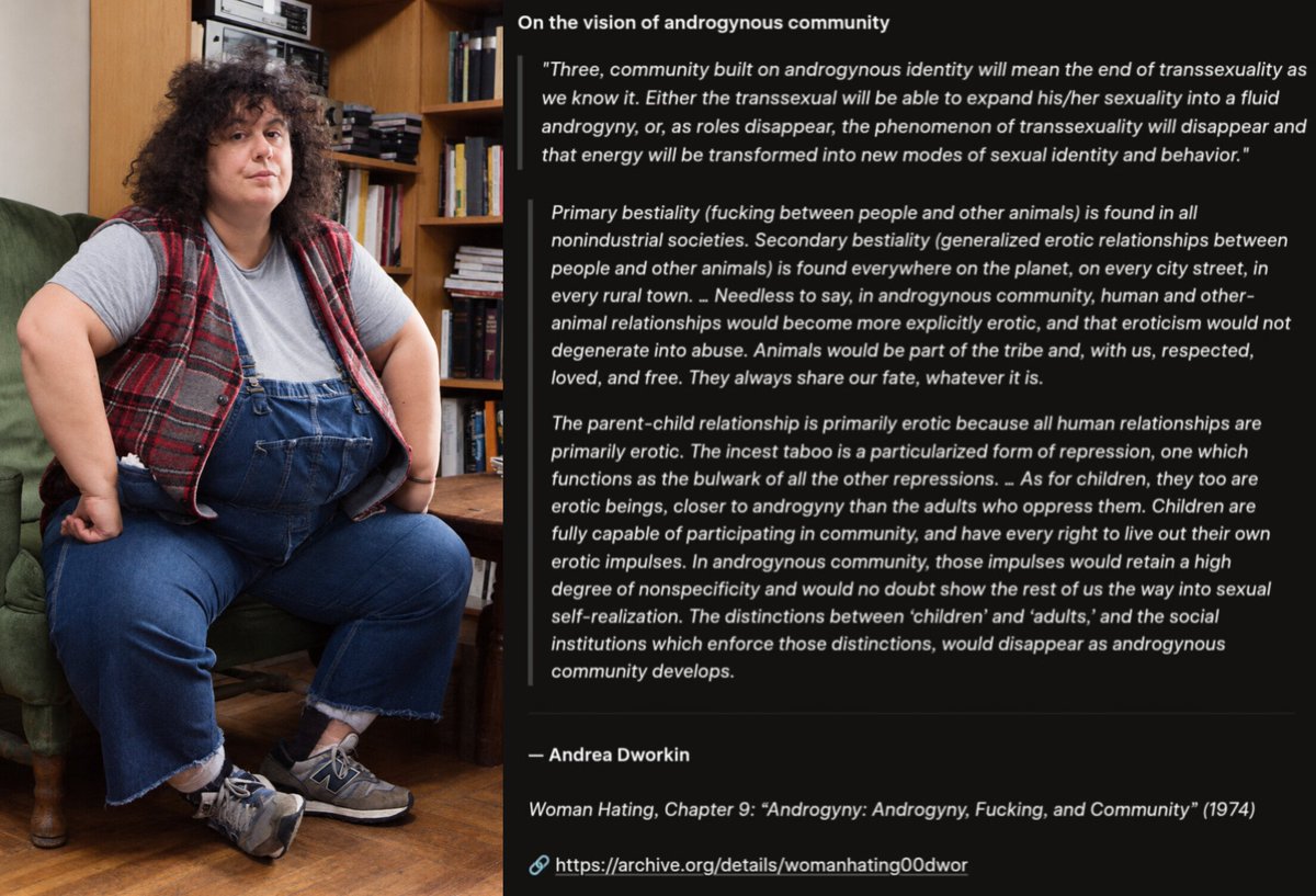 s1lv3rx_'s tweet photo. Andrea Dworkin advocated an androgynous utopia where bestiality, incest, and pedophilia would be normalized. Shulamith Firestone also supported incest and pedophilia and Simone de Beauvoir supported abolishing the age of consent. ALL your fav radfems would be in bed with Epstein. https://t.co/BanAb5QDju
