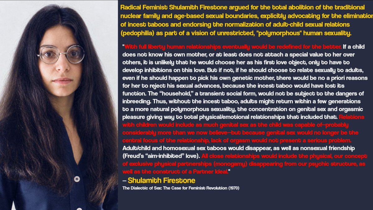 s1lv3rx_'s tweet photo. Andrea Dworkin advocated an androgynous utopia where bestiality, incest, and pedophilia would be normalized. Shulamith Firestone also supported incest and pedophilia and Simone de Beauvoir supported abolishing the age of consent. ALL your fav radfems would be in bed with Epstein. https://t.co/BanAb5QDju